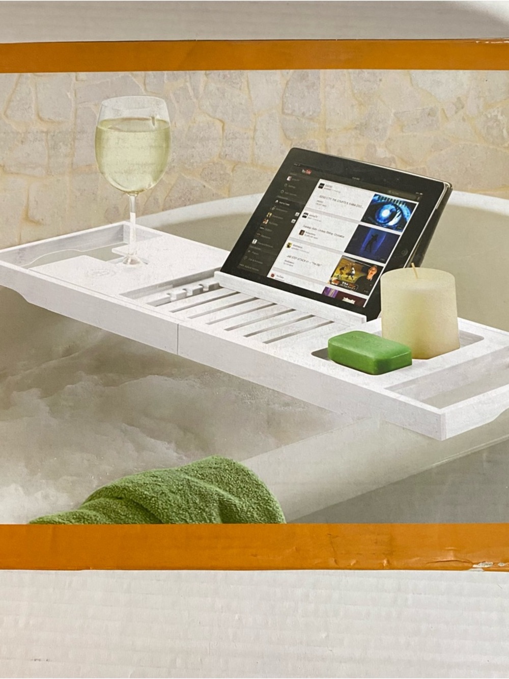 White Expandable Bathtub Tray Caddy with Tablet Holder